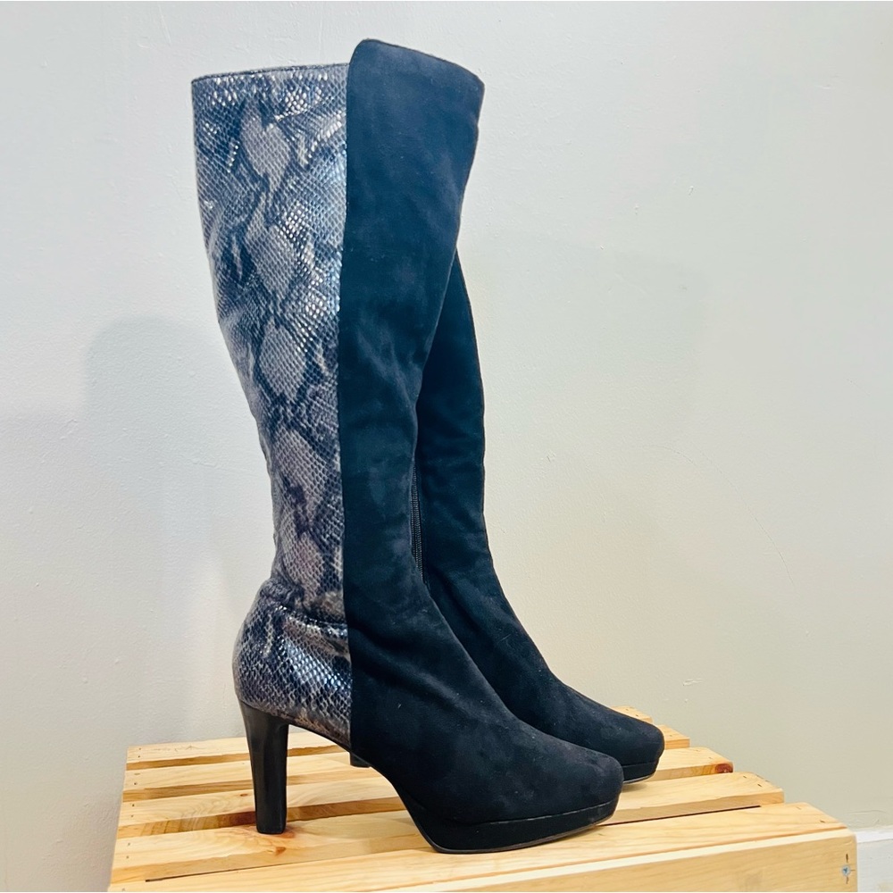 *SOLD* Knee High Black Faux Suede Faux Snake Skin Zip Up Boots Size 8.5